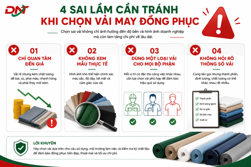 tổng hợp 4 sai lầm thường gặp khi chọn vải may đồng phục như chỉ quan tâm đến giá, không xem mẫu thực tế, sử dụng một loại vải cho mọi bộ phận và không kiểm tra thông số chất liệu. Hình ảnh giúp doanh nghiệp lựa chọn đúng loại vải phù hợp với môi trường làm việc, nâng cao độ bền, sự thoải mái và tối ưu chi phí khi đặt may đồng phục số lượng lớn.