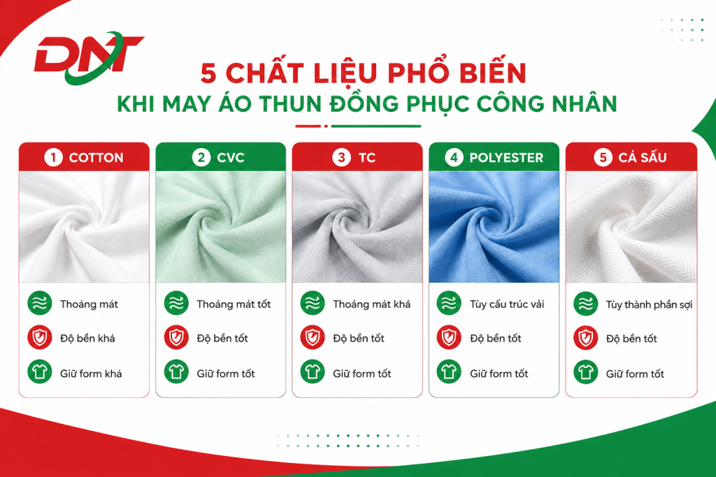 so sánh 5 loại vải may áo thun đồng phục công nhân gồm Cotton, CVC, TC, Polyester và vải cá sấu. Hình ảnh minh họa trực quan giúp doanh nghiệp dễ lựa chọn chất liệu phù hợp theo nhu cầu sử dụng, độ bền, khả năng thoáng mát và ngân sách khi đặt may đồng phục số lượng lớn.