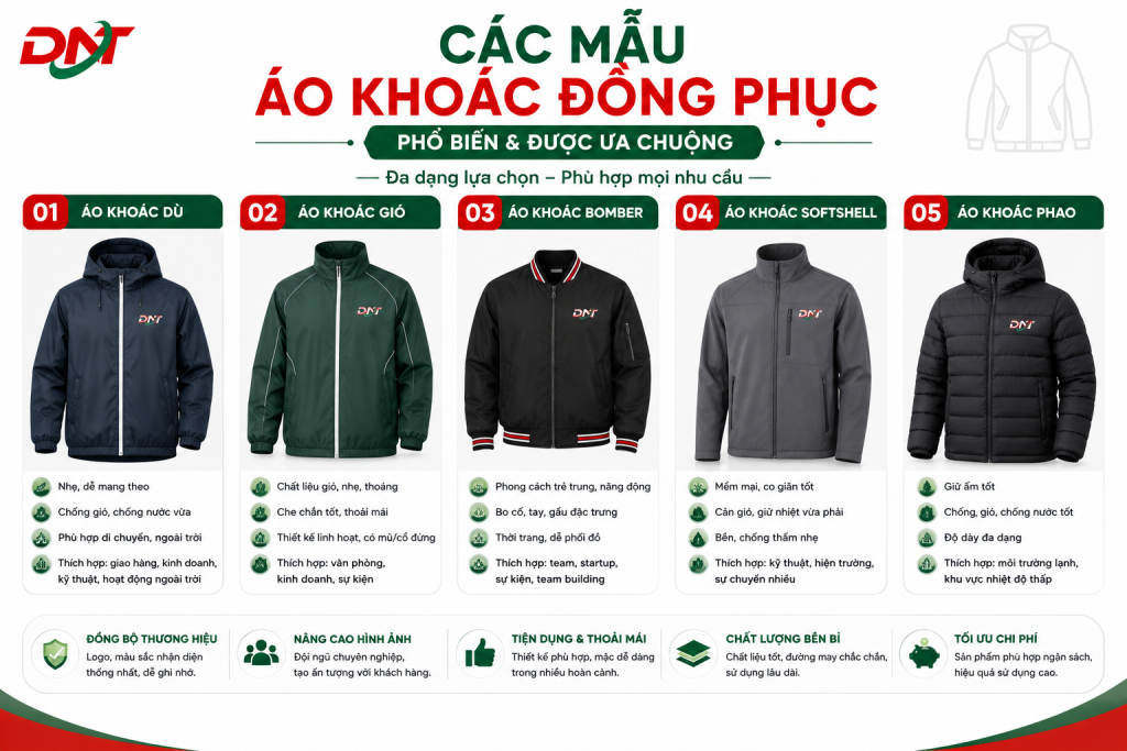Infographic giới thiệu các mẫu áo khoác đồng phục công ty phổ biến như áo khoác dù, áo gió, bomber, softshell và áo phao. Hình ảnh giúp doanh nghiệp dễ dàng so sánh đặc điểm, ứng dụng và lựa chọn kiểu áo phù hợp theo môi trường làm việc, thời tiết và phong cách thương hiệu, góp phần xây dựng hình ảnh chuyên nghiệp, đồng bộ và nâng cao khả năng nhận diện doanh nghiệp.
