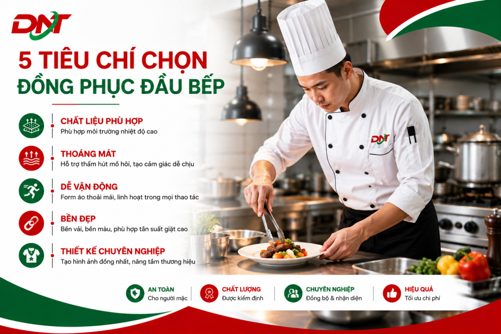 Hình ảnh minh họa 5 tiêu chí quan trọng khi lựa chọn đồng phục đầu bếp gồm chất liệu phù hợp, thoáng mát, dễ vận động, bền đẹp và thiết kế chuyên nghiệp. Đầu bếp trong trang phục chuẩn nhà hàng thể hiện sự chỉn chu và chuyên nghiệp trong môi trường bếp. Thiết kế sử dụng tông màu trắng, đỏ và xanh lá đồng bộ nhận diện thương hiệu DONATEX, phù hợp cho bài viết về may đồng phục đầu bếp và đồng phục nhà hàng.