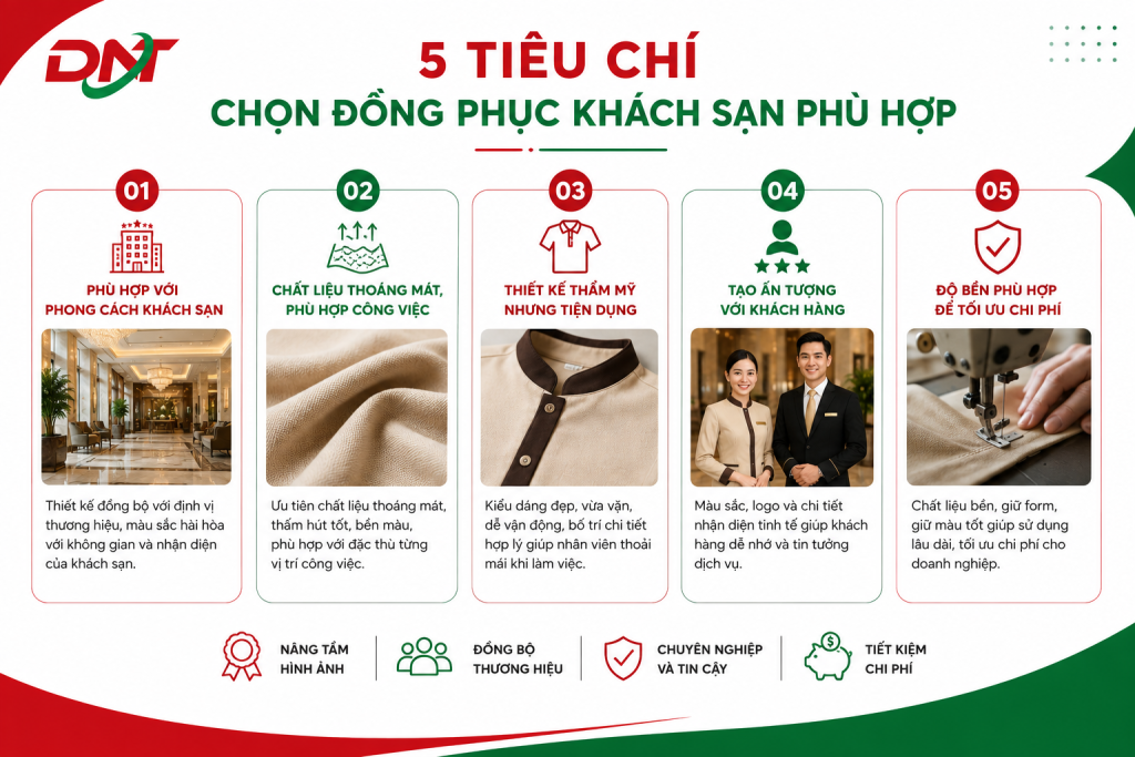 tổng hợp 5 tiêu chí quan trọng khi lựa chọn đồng phục khách sạn, gồm phong cách thương hiệu, chất liệu, thiết kế, khả năng nhận diện và độ bền. Hình ảnh giúp khách sạn, resort và nhà hàng lựa chọn mẫu đồng phục phù hợp, đảm bảo tính thẩm mỹ, sự chuyên nghiệp và tối ưu chi phí sử dụng lâu dài.