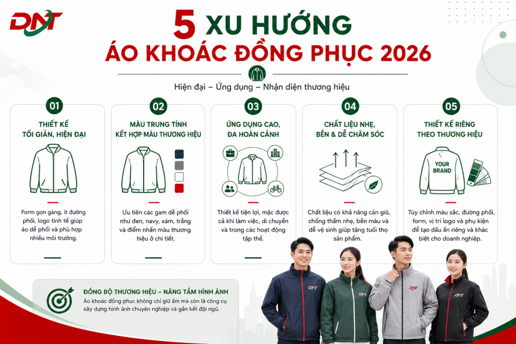 Infographic giới thiệu 5 xu hướng áo khoác đồng phục công ty Thu Đông 2026 với thiết kế tối giản, màu trung tính kết hợp màu thương hiệu, chất liệu nhẹ, tính ứng dụng cao và khả năng tùy chỉnh theo nhận diện doanh nghiệp. Hình ảnh giúp doanh nghiệp lựa chọn mẫu áo khoác đồng phục hiện đại, chuyên nghiệp, bền đẹp và phù hợp cho nhân viên văn phòng, kỹ thuật, kinh doanh cũng như các hoạt động ngoài trời.