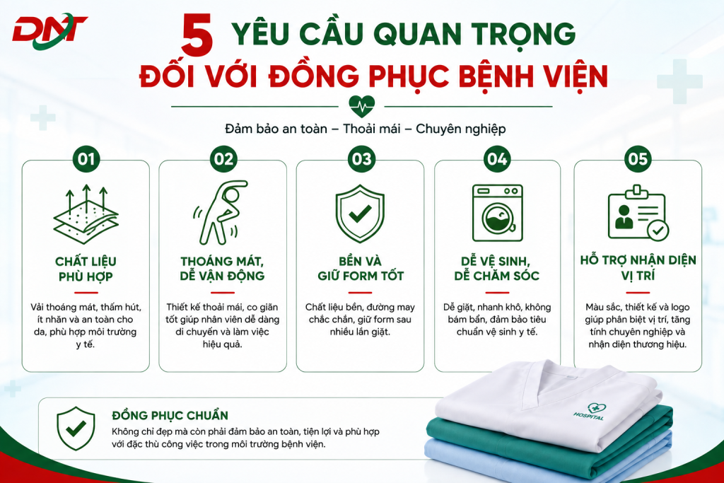 Infographic tổng hợp 5 yêu cầu quan trọng khi lựa chọn đồng phục bệnh viện gồm chất liệu phù hợp, thoáng mát, giữ form tốt, dễ vệ sinh và hỗ trợ nhận diện vị trí. Hình ảnh giúp bệnh viện, phòng khám và cơ sở y tế lựa chọn đồng phục bác sĩ, điều dưỡng, kỹ thuật viên đảm bảo tính chuyên nghiệp, sự thoải mái, độ bền và đáp ứng yêu cầu sử dụng trong môi trường y tế.