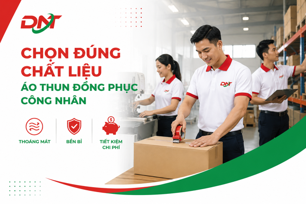 Hình ảnh công nhân mặc áo thun đồng phục làm việc trong nhà xưởng, thể hiện tiêu chí lựa chọn chất liệu vải phù hợp như thoáng mát, bền bỉ và tiết kiệm chi phí.