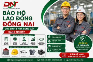 Hình ảnh minh họa bảo hộ lao động Đồng Nai với công nhân mặc quần áo bảo hộ, nón và kính tại nhà máy, cùng các sản phẩm như giày, găng tay và trang phục bảo hộ.