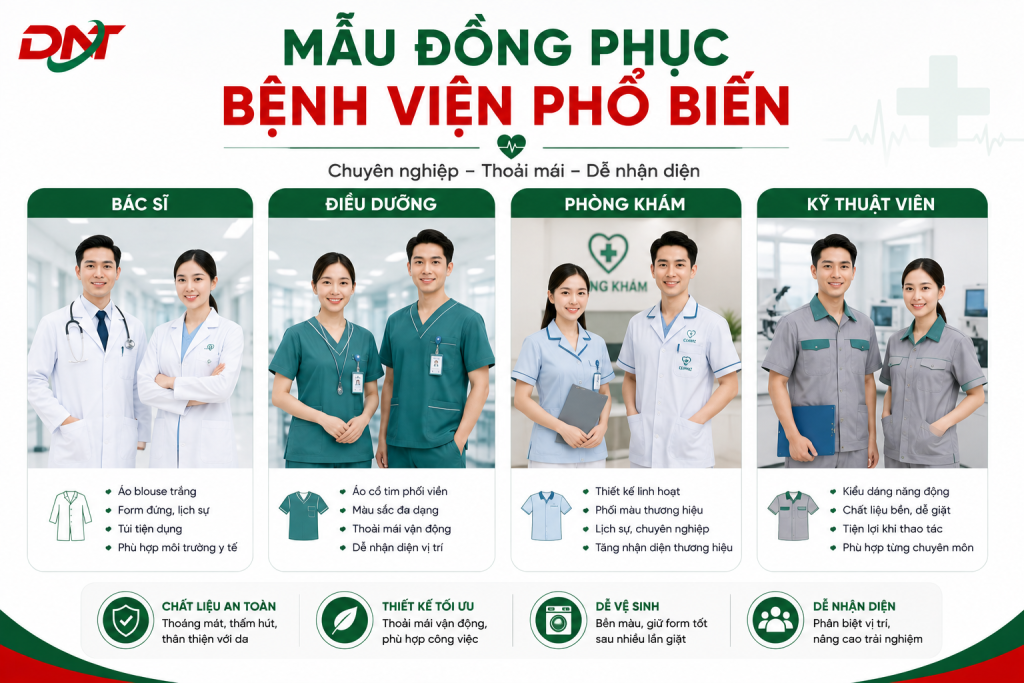 Hình ảnh minh họa các mẫu đồng phục bệnh viện phổ biến dành cho bác sĩ, điều dưỡng, phòng khám và kỹ thuật viên với thiết kế chuyên nghiệp, thoải mái và dễ nhận diện. Infographic giúp bệnh viện, phòng khám và cơ sở y tế tham khảo các kiểu đồng phục phù hợp từng vị trí công việc, góp phần xây dựng hình ảnh đồng bộ, nâng cao chất lượng dịch vụ và nhận diện thương hiệu.