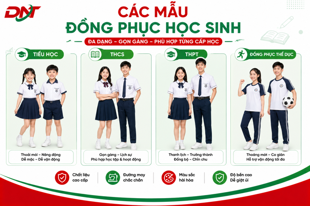 Hình ảnh minh họa các mẫu đồng phục học sinh Đồng Nai phổ biến gồm đồng phục tiểu học, THCS, THPT và đồng phục thể dục. Thiết kế được phân chia theo từng cấp học với kiểu dáng gọn gàng, hiện đại, phù hợp môi trường giáo dục. Đây là gợi ý giúp nhà trường và phụ huynh dễ dàng lựa chọn mẫu đồng phục học sinh đẹp, bền, thoải mái và đúng tiêu chuẩn sử dụng.