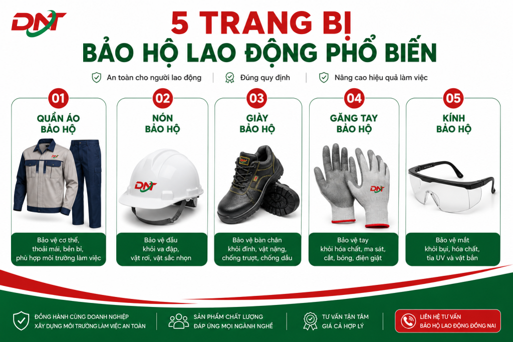 giới thiệu 5 trang bị bảo hộ lao động phổ biến gồm quần áo bảo hộ, nón bảo hộ, giày bảo hộ, găng tay và kính bảo hộ. Hình ảnh giúp doanh nghiệp lựa chọn đầy đủ phương tiện bảo vệ cá nhân phù hợp với môi trường làm việc, góp phần đảm bảo an toàn lao động, tuân thủ quy định và nâng cao hiệu quả sản xuất.