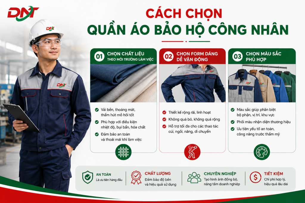 Hình ảnh minh họa cách chọn quần áo bảo hộ công nhân theo chất liệu, kiểu dáng và màu sắc phù hợp với từng môi trường làm việc. Infographic giúp doanh nghiệp lựa chọn đồng phục bảo hộ đảm bảo an toàn, tạo sự thoải mái khi vận động, nâng cao tính chuyên nghiệp và tăng khả năng nhận diện thương hiệu trong nhà máy, xưởng sản xuất và công trình.