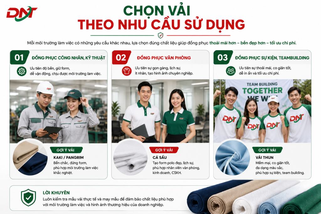Hình ảnh minh họa cách chọn vải may đồng phục theo từng nhu cầu sử dụng như đồng phục công nhân, văn phòng và sự kiện. Infographic gợi ý các chất liệu phù hợp gồm vải kaki, Pangrim, cá sấu và vải thun, giúp doanh nghiệp lựa chọn đúng loại vải theo môi trường làm việc, đảm bảo độ bền, sự thoải mái, tính thẩm mỹ và tối ưu chi phí khi đặt may đồng phục.