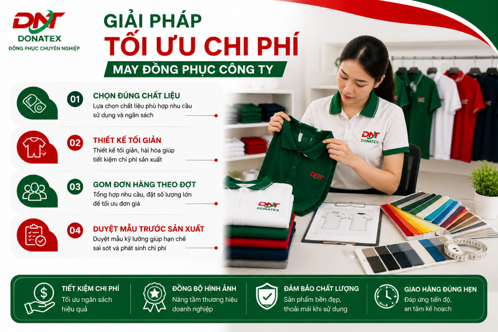 Hình ảnh minh họa các giải pháp tối ưu chi phí may đồng phục công ty tại DONATEX với những gợi ý như lựa chọn chất liệu phù hợp, thiết kế tối giản, gom đơn hàng và duyệt mẫu trước sản xuất. Thiết kế sử dụng tông màu trắng, đỏ và xanh lá đồng bộ nhận diện thương hiệu, giúp doanh nghiệp tiết kiệm ngân sách, đảm bảo chất lượng đồng phục, đồng nhất hình ảnh thương hiệu và tối ưu hiệu quả đầu tư.