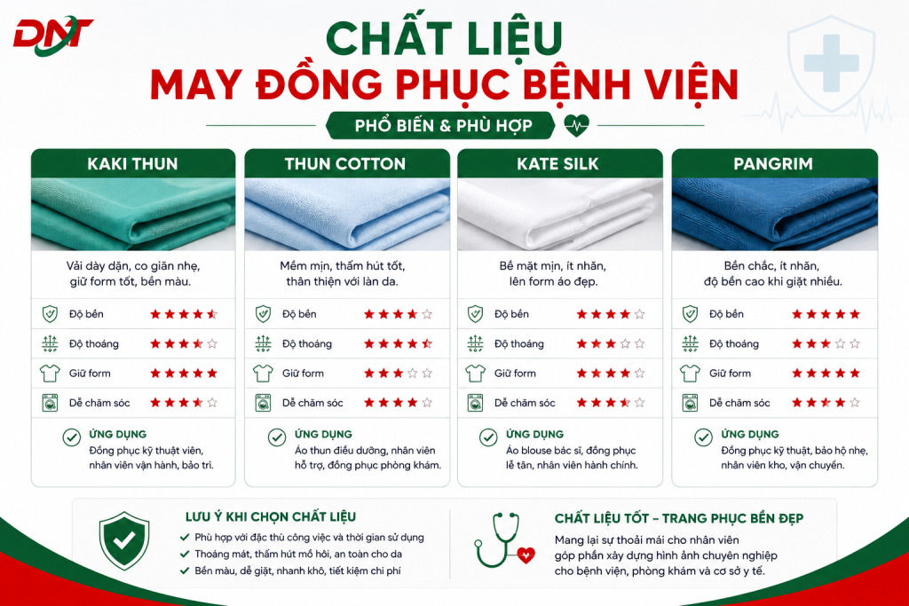 Infographic giới thiệu các chất liệu may đồng phục bệnh viện phổ biến như kaki thun, thun cotton, Kate Silk và Pangrim, giúp bệnh viện và phòng khám lựa chọn loại vải phù hợp theo từng vị trí công việc. Hình ảnh minh họa trực quan các tiêu chí về độ bền, độ thoáng, khả năng giữ form và ứng dụng thực tế, góp phần nâng cao sự thoải mái, tính chuyên nghiệp và hiệu quả sử dụng đồng phục y tế.
