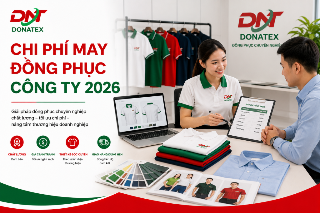 Hình ảnh minh họa chi phí may đồng phục công ty năm 2026 tại DONATEX với quy trình tư vấn báo giá, lựa chọn mẫu áo và thiết kế theo yêu cầu. Thiết kế sử dụng tông màu trắng, đỏ và xanh lá đồng bộ nhận diện thương hiệu, phù hợp cho doanh nghiệp tìm hiểu bảng giá may áo thun, áo polo, áo sơ mi và đồng phục công ty. Hình ảnh thể hiện dịch vụ báo giá minh bạch, tối ưu chi phí và đảm bảo chất lượng.