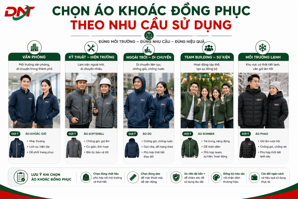 Infographic hướng dẫn chọn áo khoác đồng phục công ty theo từng nhu cầu sử dụng như văn phòng, kỹ thuật, làm việc ngoài trời, team building và môi trường lạnh. Hình ảnh giúp doanh nghiệp dễ dàng lựa chọn mẫu áo khoác phù hợp về kiểu dáng, chất liệu và khả năng giữ ấm, góp phần nâng cao hình ảnh thương hiệu, sự chuyên nghiệp và tối ưu hiệu quả sử dụng cho từng vị trí công việc.