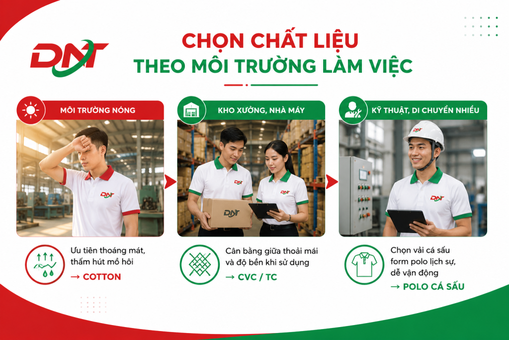 Hình ảnh minh họa cách chọn chất liệu áo thun đồng phục công nhân theo từng môi trường làm việc như nhà xưởng, kho hàng và khu vực nhiệt độ cao. Gợi ý các loại vải Cotton, CVC, TC và vải cá sấu giúp doanh nghiệp lựa chọn đồng phục phù hợp, đảm bảo sự thoải mái, độ bền và tính chuyên nghiệp khi sử dụng lâu dài.