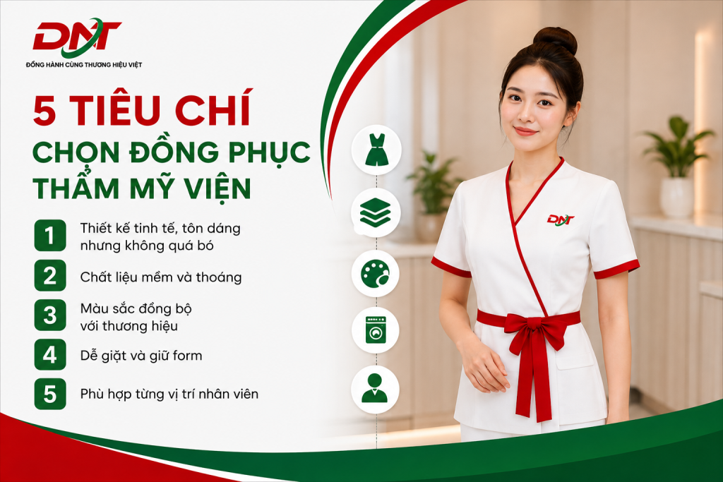 Poster “5 tiêu chí chọn đồng phục thẩm mỹ viện” cung cấp những yếu tố quan trọng giúp spa, clinic và cơ sở làm đẹp lựa chọn đồng phục phù hợp: thiết kế tinh tế, chất liệu mềm thoáng, màu sắc đồng bộ thương hiệu, dễ giặt giữ form và phù hợp từng vị trí nhân viên. Lựa chọn đúng đồng phục spa giúp đội ngũ thoải mái khi làm việc, đồng thời xây dựng hình ảnh chuyên nghiệp, chỉn chu và tăng nhận diện thương hiệu.