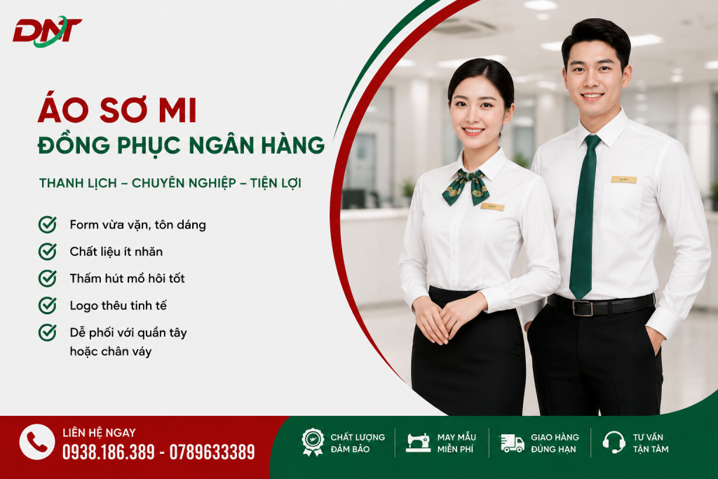 Poster giới thiệu áo sơ mi đồng phục ngân hàng dành cho nhân viên nam và nữ với thiết kế thanh lịch, chuyên nghiệp. Mẫu áo có form vừa vặn, chất liệu ít nhăn, thấm hút tốt, kết hợp cà vạt hoặc khăn quàng theo màu sắc nhận diện thương hiệu, phù hợp với môi trường tài chính – ngân hàng.
