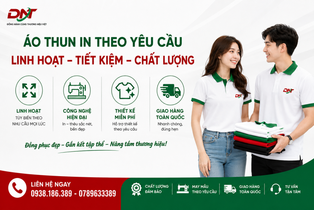 Poster giới thiệu giải pháp áo thun in theo yêu cầu với ưu điểm linh hoạt, tiết kiệm và đảm bảo chất lượng. Khách hàng có thể tùy biến áo theo nhu cầu, ứng dụng công nghệ in – thêu hiện đại, được hỗ trợ thiết kế và giao hàng toàn quốc. Giải pháp phù hợp cho doanh nghiệp, đội nhóm, câu lạc bộ và tổ chức cần đồng phục chuyên nghiệp, đồng bộ hình ảnh thương hiệu.