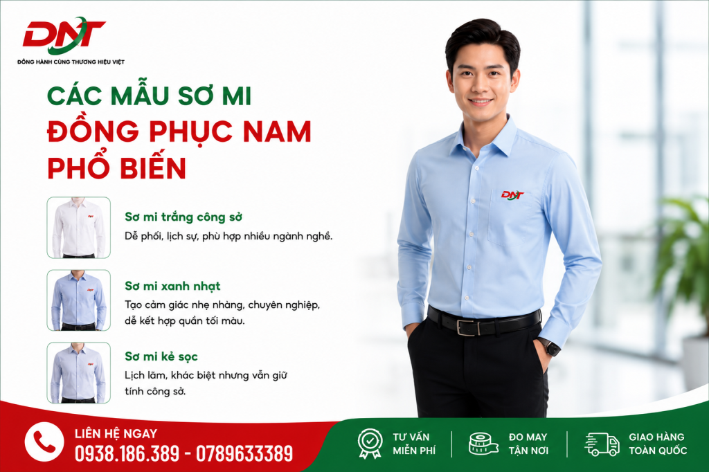 Khám phá các mẫu sơ mi đồng phục nam phổ biến dành cho doanh nghiệp, từ sơ mi trắng công sở lịch sự, sơ mi xanh nhạt trẻ trung đến sơ mi kẻ sọc hiện đại. Mỗi thiết kế đều dễ phối với quần âu, phù hợp nhiều ngành nghề và môi trường làm việc, giúp nhân viên xây dựng hình ảnh chỉn chu, chuyên nghiệp và đồng bộ. Logo thương hiệu được bố trí nổi bật trên áo, góp phần tăng nhận diện và tạo dấu ấn doanh nghiệp.