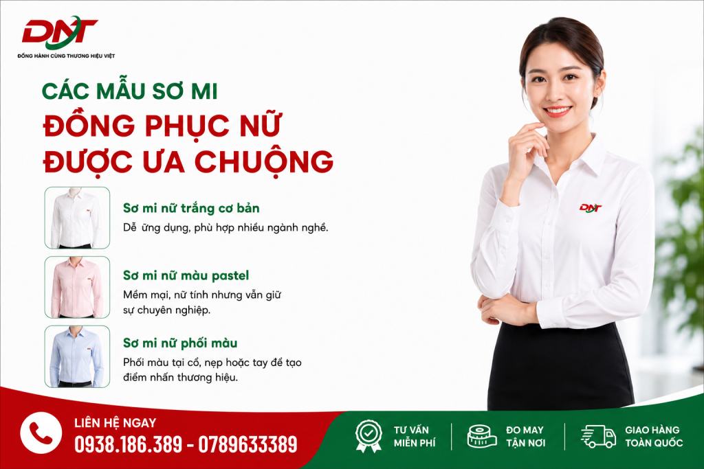 Khám phá các mẫu sơ mi đồng phục nữ được ưa chuộng dành cho doanh nghiệp như sơ mi nữ trắng cơ bản, sơ mi màu pastel và sơ mi phối màu hiện đại. Thiết kế thanh lịch, dễ ứng dụng trong nhiều ngành nghề, vừa tôn lên vẻ chuyên nghiệp vừa tạo sự đồng bộ cho đội ngũ nhân viên. Doanh nghiệp có thể tùy chỉnh màu sắc, phối cổ, nẹp hoặc tay áo và thêm logo thương hiệu để tăng nhận diện doanh nghiệp, phù hợp với môi trường văn phòng, tư vấn, bán hàng và dịch vụ.