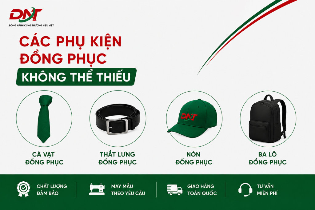 Poster giới thiệu các phụ kiện đồng phục không thể thiếu gồm cà vạt đồng phục, thắt lưng đồng phục, nón đồng phục và ba lô đồng phục. Các phụ kiện giúp doanh nghiệp xây dựng hình ảnh đồng bộ, chuyên nghiệp, tăng nhận diện thương hiệu và đáp ứng nhu cầu sử dụng trong nhiều môi trường làm việc.