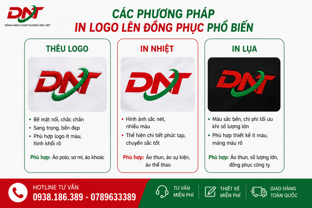 Các phương pháp in logo lên đồng phục phổ biến gồm thêu logo, in nhiệt và in lụa, mỗi kỹ thuật phù hợp với từng chất liệu, thiết kế và số lượng áo khác nhau. Thêu logo mang lại vẻ chỉn chu, in nhiệt phù hợp hình ảnh nhiều màu, trong khi in lụa giúp tối ưu chi phí cho đơn hàng số lượng lớn.