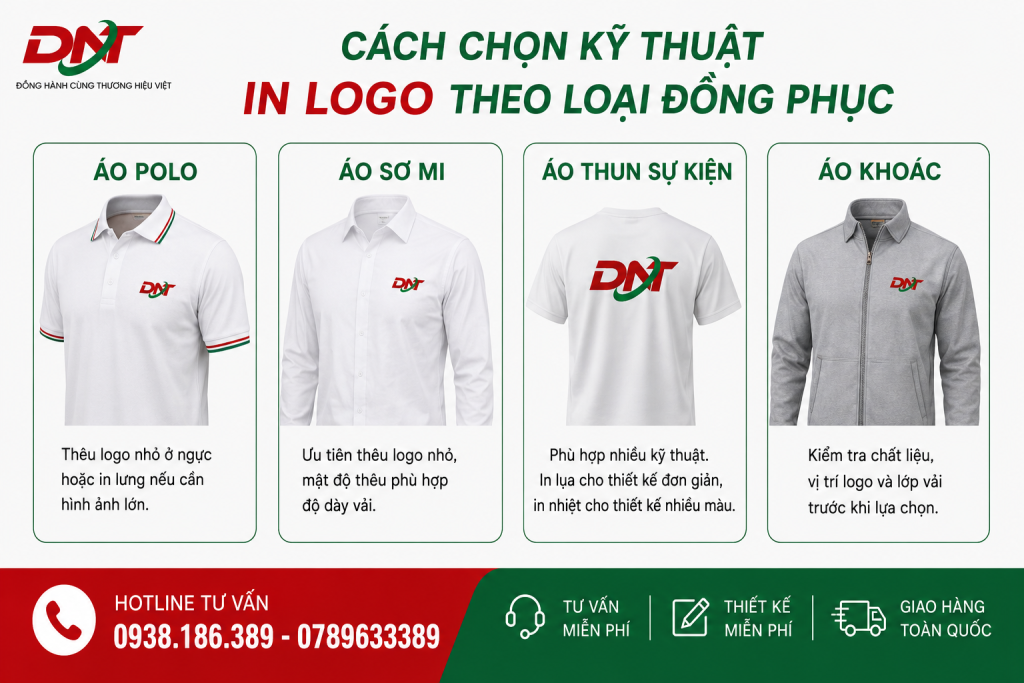 Cách chọn kỹ thuật in logo lên đồng phục cần dựa trên từng loại trang phục như áo polo, áo sơ mi, áo thun sự kiện và áo khoác. Tùy chất liệu, kích thước logo và thiết kế, doanh nghiệp có thể lựa chọn thêu logo, in lụa hoặc in nhiệt để đảm bảo hình ảnh thương hiệu rõ nét, cân đối, thẩm mỹ và phù hợp với nhu cầu sử dụng.