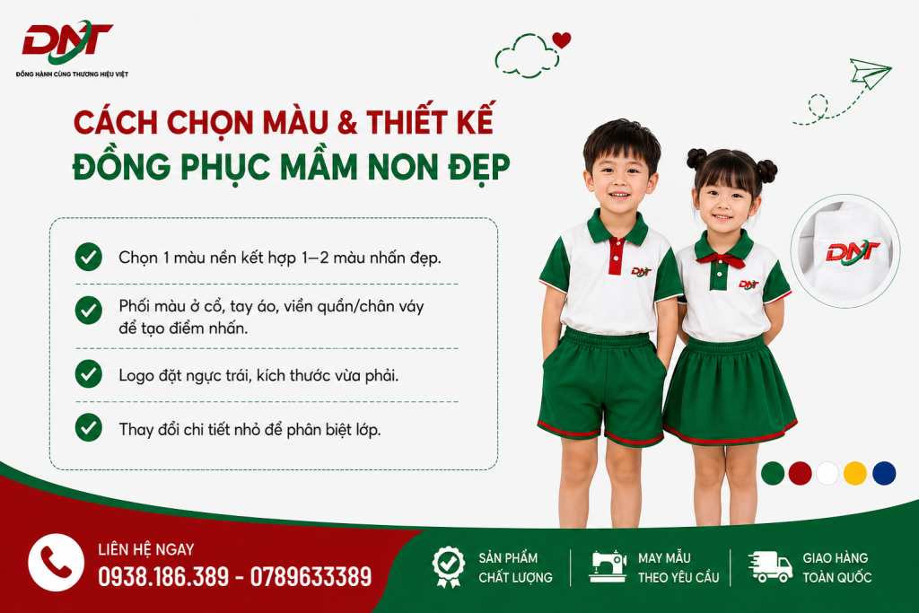 Poster hướng dẫn cách chọn màu và thiết kế đồng phục mầm non đẹp, ưu tiên phối màu hài hòa, sử dụng 1–2 màu nhận diện và bố trí logo ở vị trí phù hợp. Thiết kế đồng phục học sinh mầm non khoa học giúp trang phục nổi bật, dễ nhận diện trường lớp, tạo hình ảnh đồng bộ, chuyên nghiệp và vẫn đảm bảo sự năng động, đáng yêu cho các bé.
