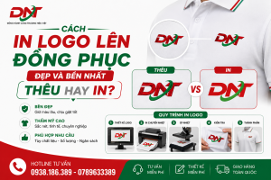 Hình ảnh minh họa cách in logo lên đồng phục, so sánh thêu logo và in logo áo công ty, đồng thời giới thiệu quy trình từ thiết kế, in chuyển nhiệt, ép nhiệt đến kiểm tra thành phẩm.