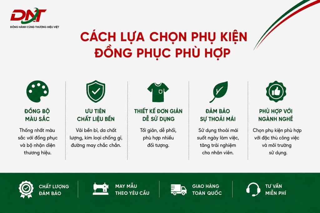 Poster hướng dẫn cách lựa chọn phụ kiện đồng phục phù hợp cho doanh nghiệp dựa trên các tiêu chí quan trọng như đồng bộ màu sắc thương hiệu, chất liệu bền, thiết kế đơn giản, sự thoải mái và đặc thù ngành nghề. Lựa chọn phụ kiện đúng giúp đồng phục chuyên nghiệp, tiện dụng và nâng cao hình ảnh thương hiệu.