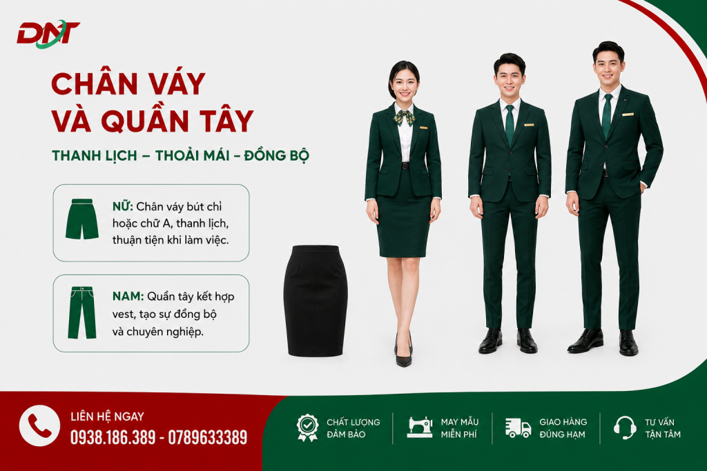 Poster giới thiệu chân váy và quần tây đồng phục ngân hàng dành cho nhân viên nữ và nam. Chân váy bút chì hoặc chữ A mang phong cách thanh lịch, thuận tiện khi làm việc; quần tây kết hợp cùng vest tạo tổng thể đồng bộ, chỉn chu và chuyên nghiệp, phù hợp với môi trường tài chính – ngân hàng.