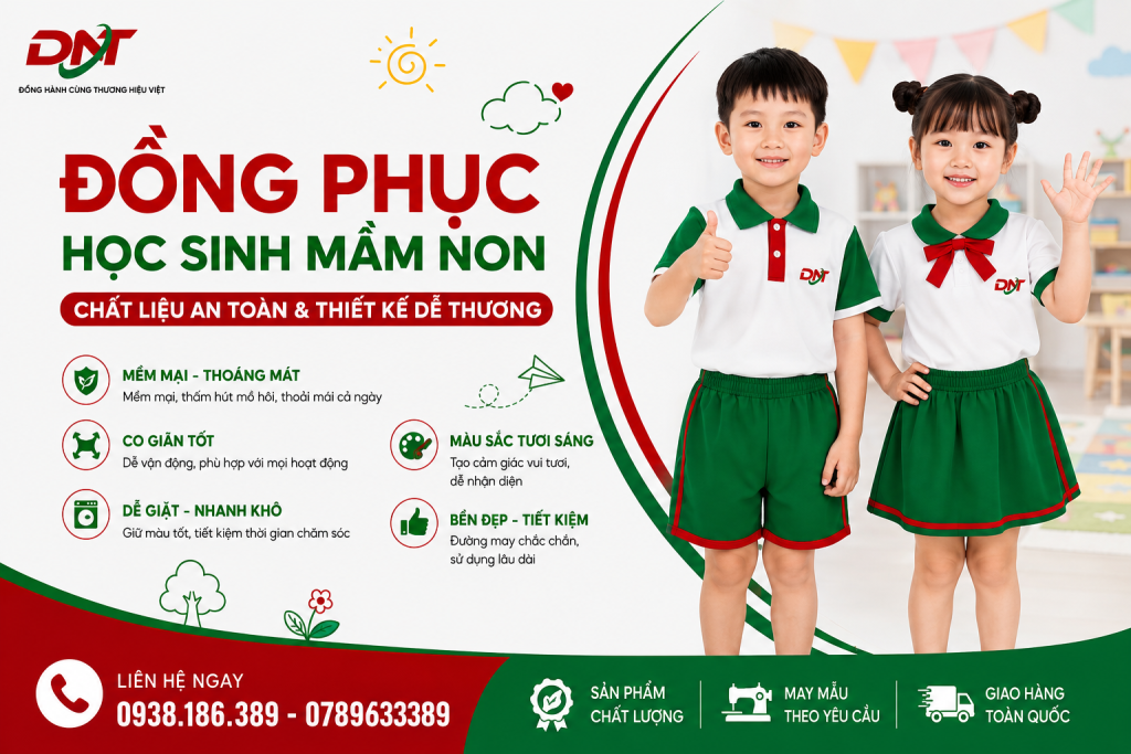 Đồng phục học sinh mầm non DNT được thiết kế với kiểu dáng năng động, màu sắc tươi sáng và chất liệu mềm mại, thoáng mát, phù hợp cho các bé học tập, vui chơi và vận động mỗi ngày. Thiết kế chú trọng độ co giãn, dễ giặt, nhanh khô và bền đẹp, đồng thời phối màu xanh – trắng – đỏ nổi bật giúp tăng khả năng nhận diện trường học. DNT nhận may mẫu theo yêu cầu, hỗ trợ thiết kế đồng phục mầm non đồng bộ và giao hàng toàn quốc.