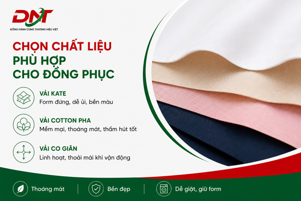 Lựa chọn chất liệu vải may đồng phục phù hợp giúp trang phục luôn thoáng mát, bền đẹp và giữ form tốt trong quá trình sử dụng. Các loại vải như vải Kate, cotton pha và vải co giãn mang đến những ưu điểm riêng về độ mềm mại, thấm hút, dễ ủi và linh hoạt khi vận động. Chọn đúng vải may đồng phục không chỉ nâng cao sự thoải mái cho nhân viên mà còn góp phần xây dựng hình ảnh doanh nghiệp chuyên nghiệp, chỉn chu.