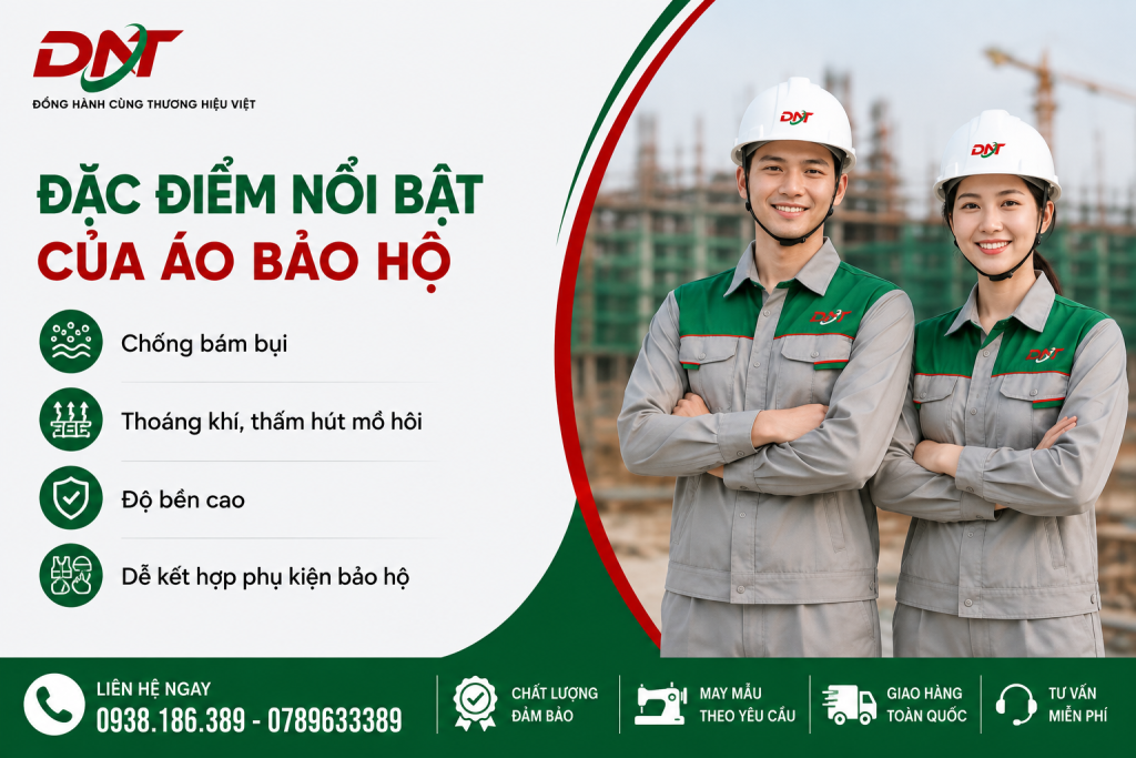 Áo bảo hộ công nhân xây dựng DNT nổi bật với khả năng chống bám bụi, thoáng khí, thấm hút mồ hôi, độ bền cao và dễ kết hợp cùng các phụ kiện bảo hộ, phù hợp với môi trường làm việc tại công trường.