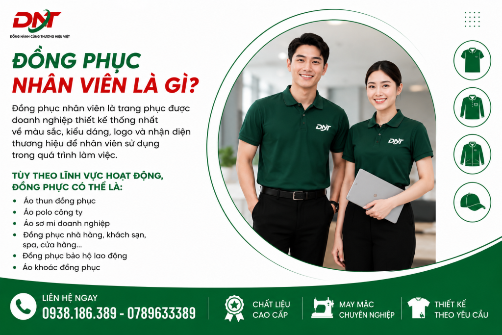 Đồng phục nhân viên là trang phục được doanh nghiệp thiết kế thống nhất về màu sắc, kiểu dáng, logo và nhận diện thương hiệu, giúp xây dựng hình ảnh chuyên nghiệp trong môi trường làm việc. Tùy theo từng lĩnh vực, doanh nghiệp có thể lựa chọn áo thun đồng phục, áo polo công ty, áo sơ mi, đồng phục nhà hàng – khách sạn – spa, đồng phục bảo hộ hoặc áo khoác đồng phục. DONATex cung cấp giải pháp may đồng phục nhân viên theo yêu cầu, chú trọng chất liệu, thiết kế và tính ứng dụng cho từng doanh nghiệp.