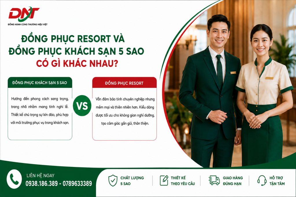 Đồng phục resort và đồng phục khách sạn 5 sao đều hướng đến hình ảnh chuyên nghiệp nhưng khác biệt về phong cách thiết kế. Đồng phục khách sạn chú trọng sự sang trọng, trang nhã, trong khi đồng phục resort ưu tiên kiểu dáng mềm mại, thoải mái và phù hợp với không gian nghỉ dưỡng.