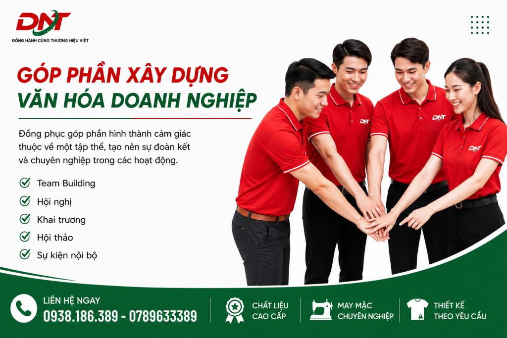 Đồng phục doanh nghiệp góp phần xây dựng văn hóa doanh nghiệp, tạo cảm giác gắn kết, đồng bộ và chuyên nghiệp giữa các thành viên trong tập thể. Việc sử dụng đồng phục trong team building, hội nghị, khai trương, hội thảo hay sự kiện nội bộ giúp tăng tinh thần đoàn kết, đồng thời nâng cao hình ảnh và nhận diện thương hiệu. DONATex cung cấp giải pháp may đồng phục doanh nghiệp theo yêu cầu, phù hợp với nhiều hoạt động và phong cách thương hiệu.