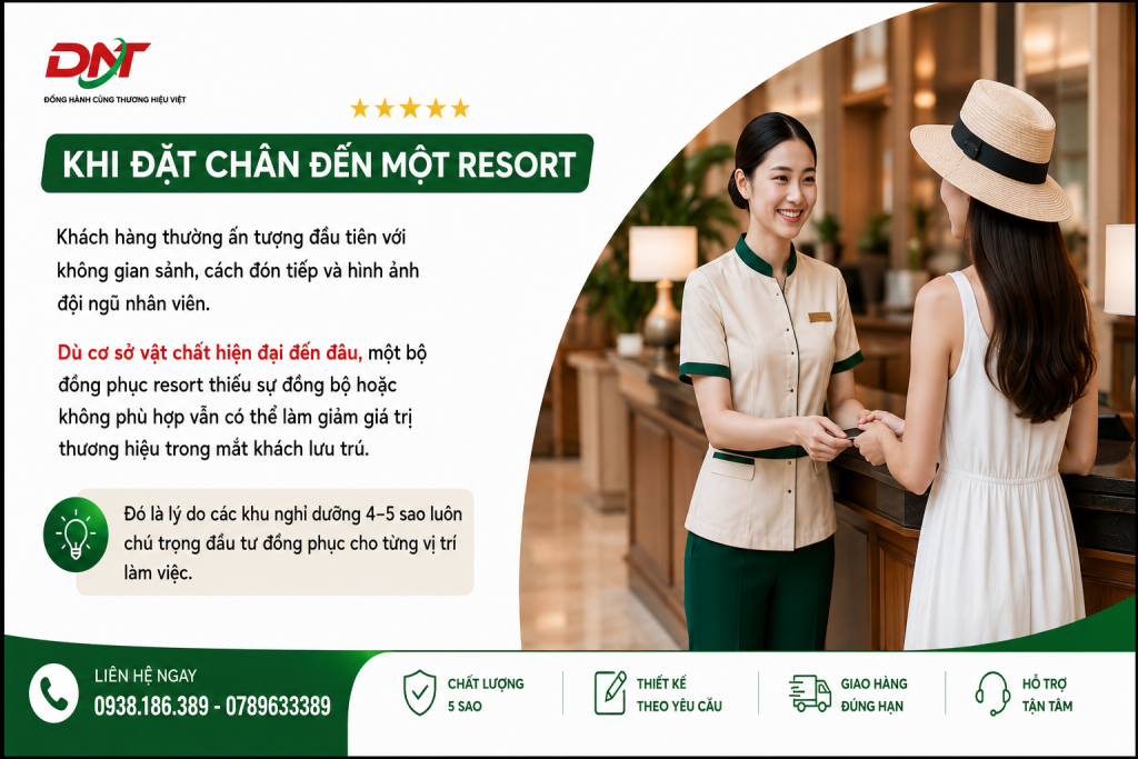 Đồng phục resort 5 sao chuyên nghiệp giúp nâng tầm hình ảnh thương hiệu ngay từ trải nghiệm đầu tiên của khách hàng. Thiết kế đồng bộ, sang trọng và phù hợp từng vị trí góp phần tạo dấu ấn cho khu nghỉ dưỡng cao cấp.
