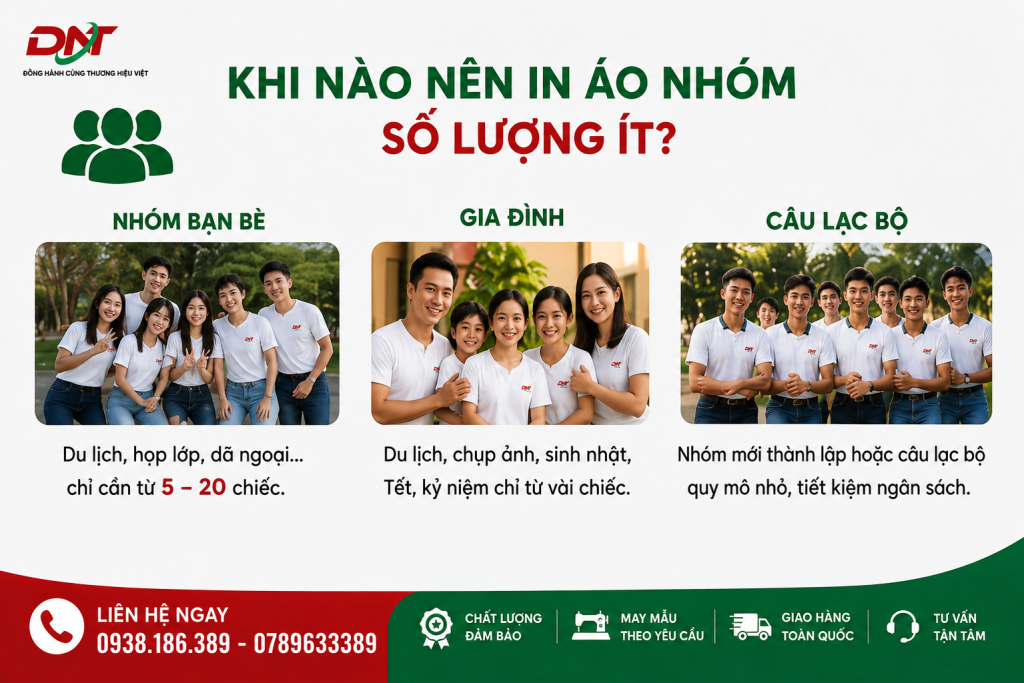 Poster giải đáp khi nào nên in áo nhóm số lượng ít, phù hợp cho nhóm bạn bè đi du lịch, họp lớp, dã ngoại; gia đình chụp ảnh, sinh nhật, lễ Tết, kỷ niệm; hoặc các câu lạc bộ và đội nhóm quy mô nhỏ. Dịch vụ áo thun in theo yêu cầu giúp chủ động số lượng, đồng bộ hình ảnh và tối ưu ngân sách khi chỉ cần từ vài đến 5–20 chiếc.