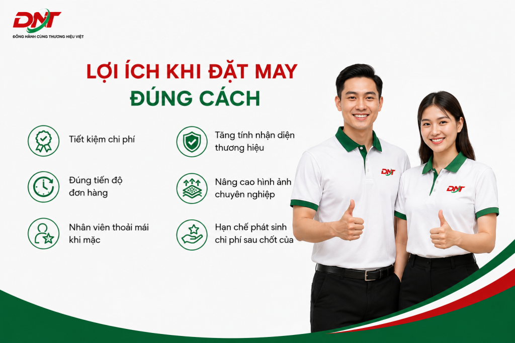 Poster “Lợi ích khi đặt may đồng phục đúng cách” giúp doanh nghiệp hiểu rõ những giá trị như tiết kiệm chi phí, đảm bảo tiến độ, tăng sự thoải mái cho nhân viên, nâng cao hình ảnh chuyên nghiệp và tăng nhận diện thương hiệu.