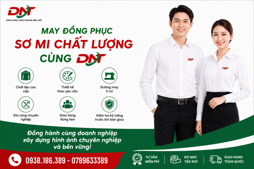 DNT cung cấp dịch vụ may đồng phục sơ mi chất lượng dành cho doanh nghiệp với chất liệu cao cấp, thiết kế theo yêu cầu và đường may tỉ mỉ. Quy trình gia công chuyên nghiệp, kiểm tra kỹ lưỡng trước khi bàn giao và đảm bảo tiến độ giúp doanh nghiệp sở hữu những mẫu đồng phục sơ mi công sở chỉn chu, đồng bộ. DNT đồng hành cùng doanh nghiệp xây dựng hình ảnh chuyên nghiệp, nâng cao nhận diện thương hiệu và tạo ấn tượng trong môi trường làm việc.