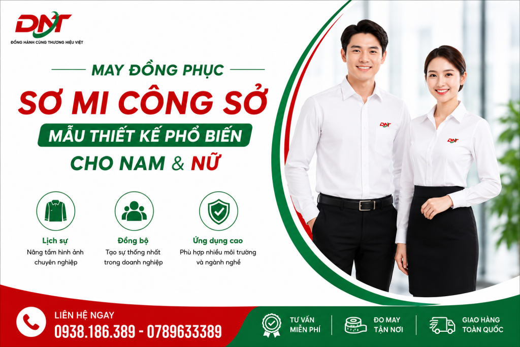 Poster giới thiệu dịch vụ may đồng phục sơ mi công sở cho nam và nữ với thiết kế lịch sự, đồng bộ và chuyên nghiệp. Mẫu áo sơ mi trắng thanh lịch giúp nâng tầm hình ảnh doanh nghiệp, tạo sự thống nhất cho đội ngũ nhân viên và phù hợp với nhiều môi trường, ngành nghề. DNT cung cấp dịch vụ tư vấn miễn phí, đo may tận nơi và giao hàng toàn quốc, đáp ứng nhu cầu đặt may đồng phục công sở cho doanh nghiệp.