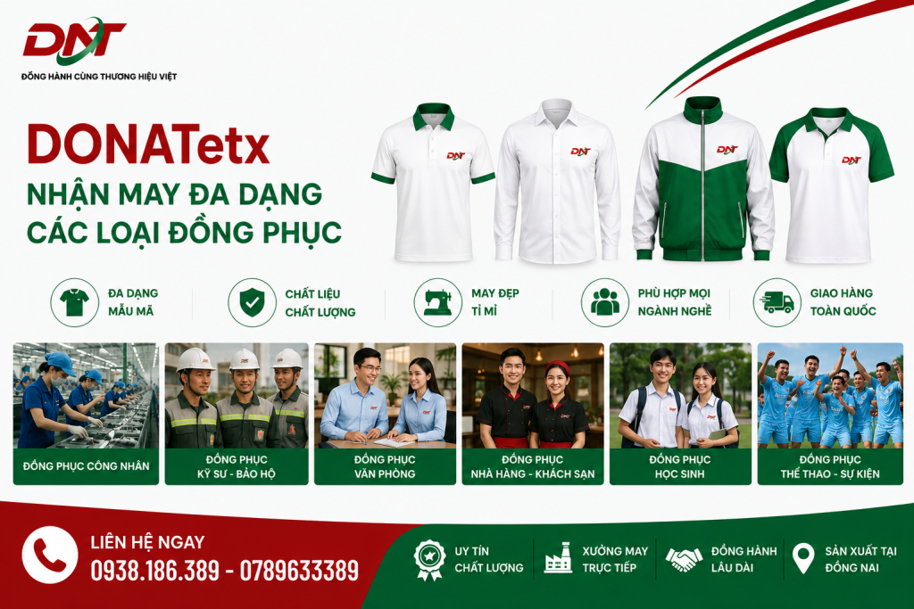 DONATetx nhận may đa dạng các loại đồng phục tại Đồng Nai như đồng phục công nhân, kỹ sư – bảo hộ, văn phòng, nhà hàng – khách sạn, học sinh và đồng phục thể thao – sự kiện. Sản phẩm được chú trọng chất liệu, đường may tỉ mỉ, đa dạng mẫu mã và phù hợp với nhiều ngành nghề. Với quy trình sản xuất trực tiếp tại xưởng và hỗ trợ giao hàng toàn quốc, DONATetx đáp ứng linh hoạt nhu cầu đặt may đồng phục của doanh nghiệp, trường học và tổ chức.