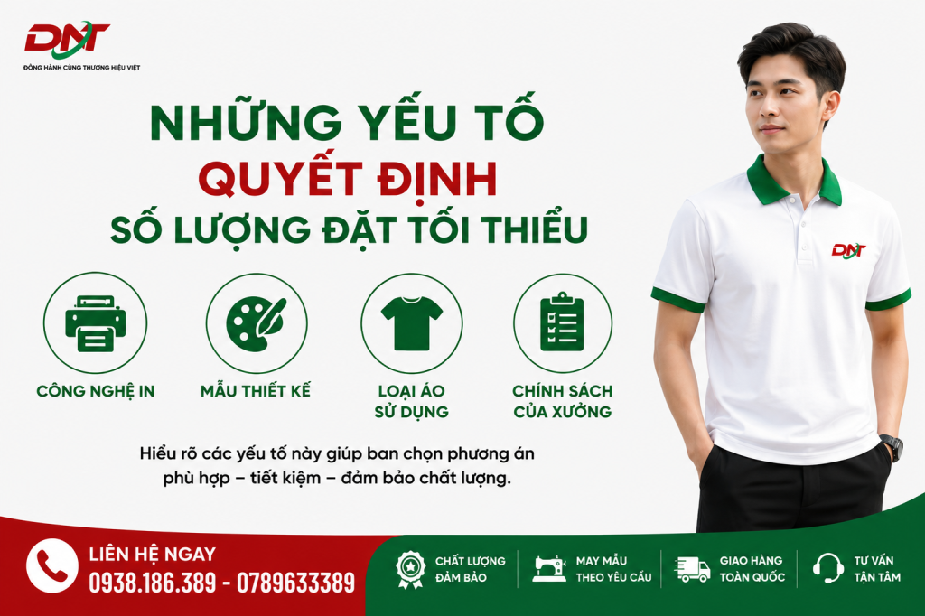 Poster trình bày những yếu tố quyết định số lượng đặt áo thun in theo yêu cầu tối thiểu, bao gồm công nghệ in, mẫu thiết kế, loại áo sử dụng và chính sách của xưởng. Việc xác định đúng các yếu tố giúp doanh nghiệp, đội nhóm và tổ chức lựa chọn số lượng áo phù hợp, tối ưu chi phí sản xuất và đảm bảo chất lượng thành phẩm.