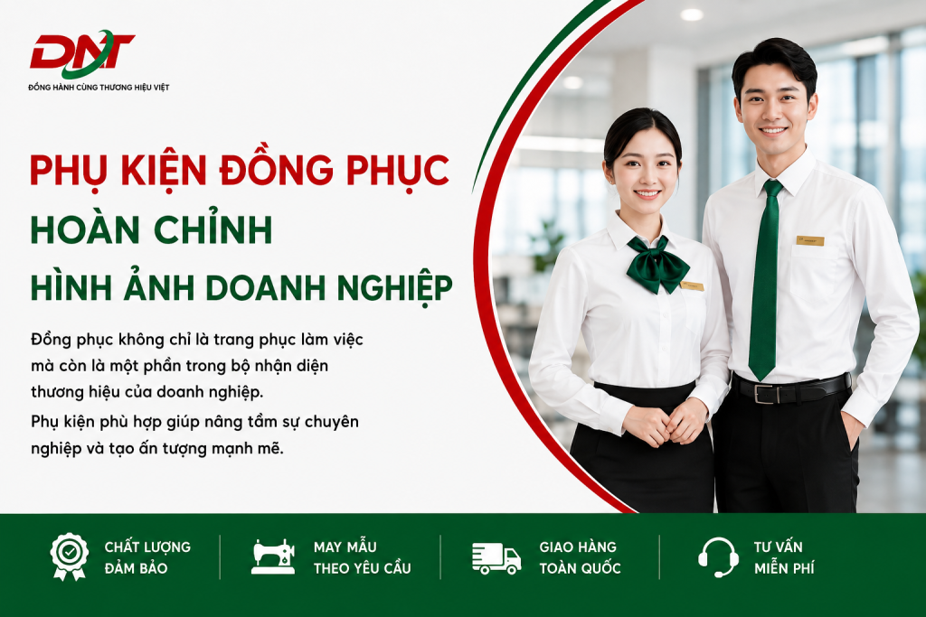 Poster giới thiệu phụ kiện đồng phục doanh nghiệp giúp hoàn chỉnh hình ảnh thương hiệu chuyên nghiệp, đồng bộ và chỉn chu. DNT cung cấp giải pháp phụ kiện đồng phục theo yêu cầu, đảm bảo chất lượng, hỗ trợ may mẫu và giao hàng toàn quốc.