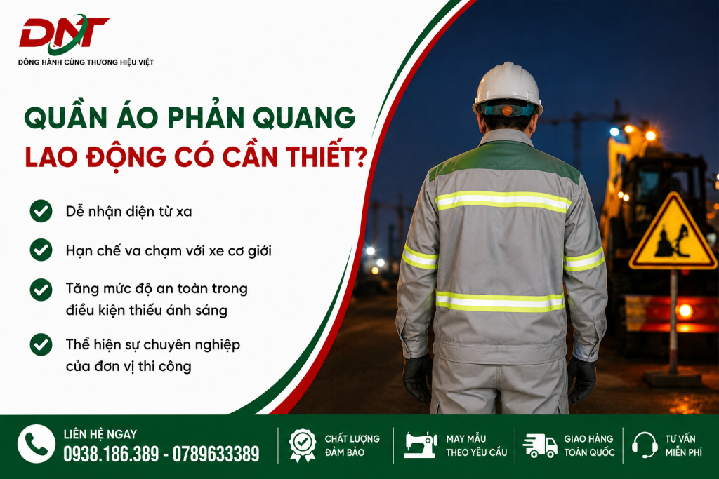 Quần áo phản quang lao động giúp công nhân dễ được nhận diện từ xa, hạn chế nguy cơ va chạm với xe cơ giới và tăng mức độ an toàn khi làm việc ban đêm hoặc tại khu vực thiếu ánh sáng.