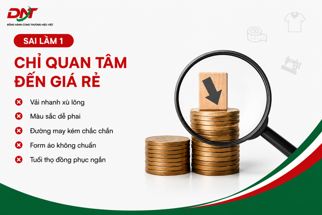 Poster cảnh báo sai lầm khi đặt may đồng phục chỉ quan tâm đến giá rẻ, có thể dẫn đến vải nhanh xù lông, màu dễ phai, đường may kém chắc chắn, form áo không chuẩn và tuổi thọ đồng phục ngắn.