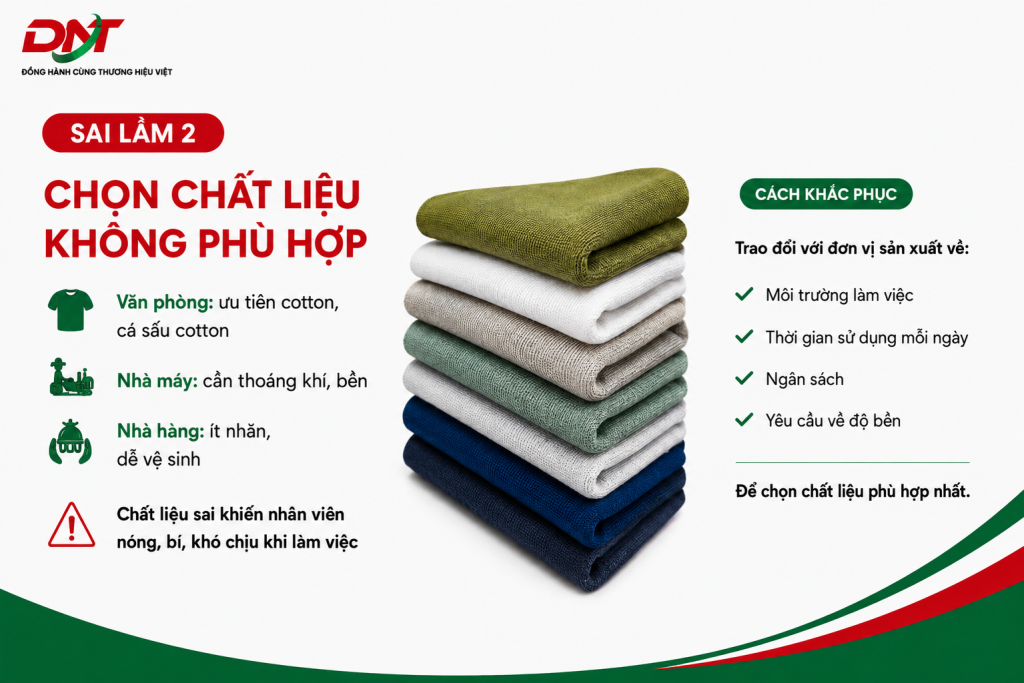 Poster về sai lầm khi đặt may đồng phục do chọn chất liệu không phù hợp, hướng dẫn doanh nghiệp lựa chọn vải theo môi trường làm việc, thời gian sử dụng, ngân sách và yêu cầu về độ bền để đảm bảo sự thoải mái cho nhân viên.