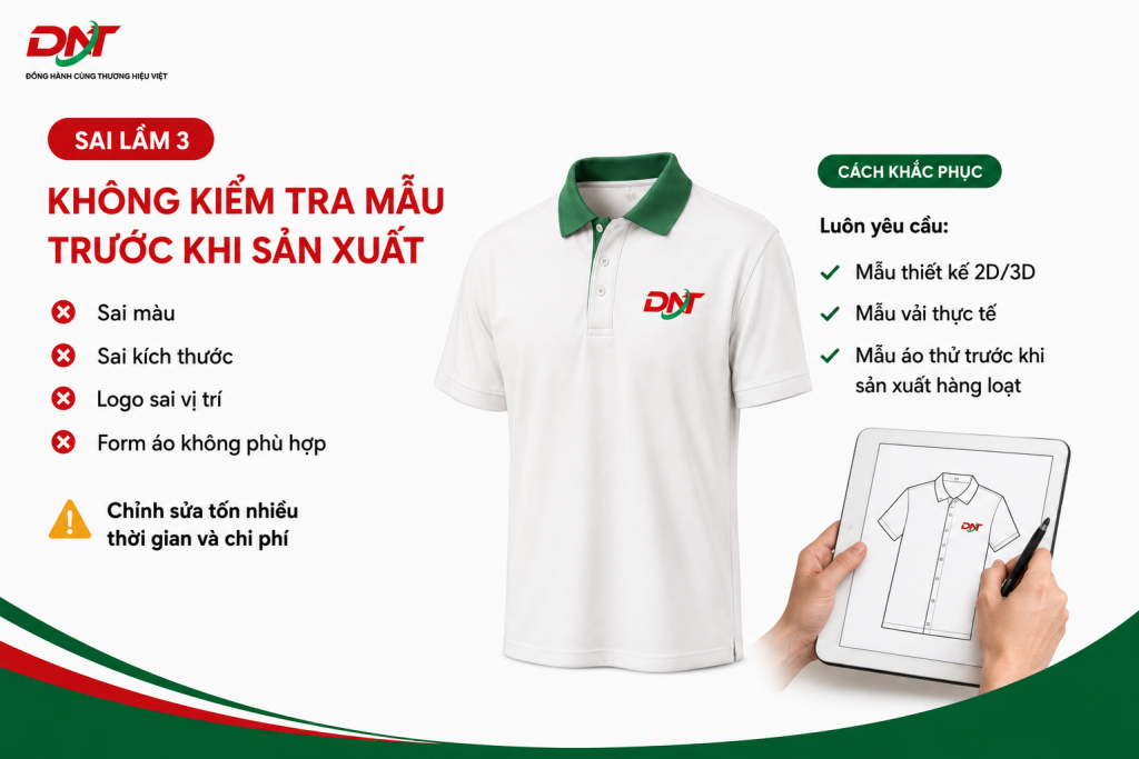 Poster DONATex cảnh báo sai lầm khi may đồng phục: không kiểm tra mẫu trước khi sản xuất hàng loạt, dễ dẫn đến sai màu, sai kích thước, logo sai vị trí và form áo không phù hợp. Giải pháp là kiểm tra kỹ mẫu thiết kế 2D/3D, mẫu vải thực tế và áo mẫu trước khi tiến hành sản xuất số lượng lớn, giúp doanh nghiệp hạn chế chỉnh sửa, tiết kiệm thời gian và chi phí.