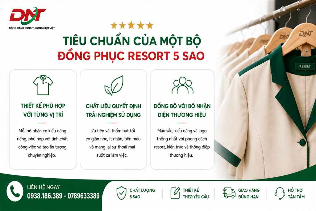Tiêu chuẩn đồng phục resort 5 sao cần đảm bảo thiết kế phù hợp từng vị trí, chất liệu thoải mái, bền đẹp và đồng bộ với bộ nhận diện thương hiệu. Đồng phục được đầu tư bài bản giúp nhân viên làm việc thuận tiện, đồng thời xây dựng hình ảnh khu nghỉ dưỡng chuyên nghiệp và cao cấp.